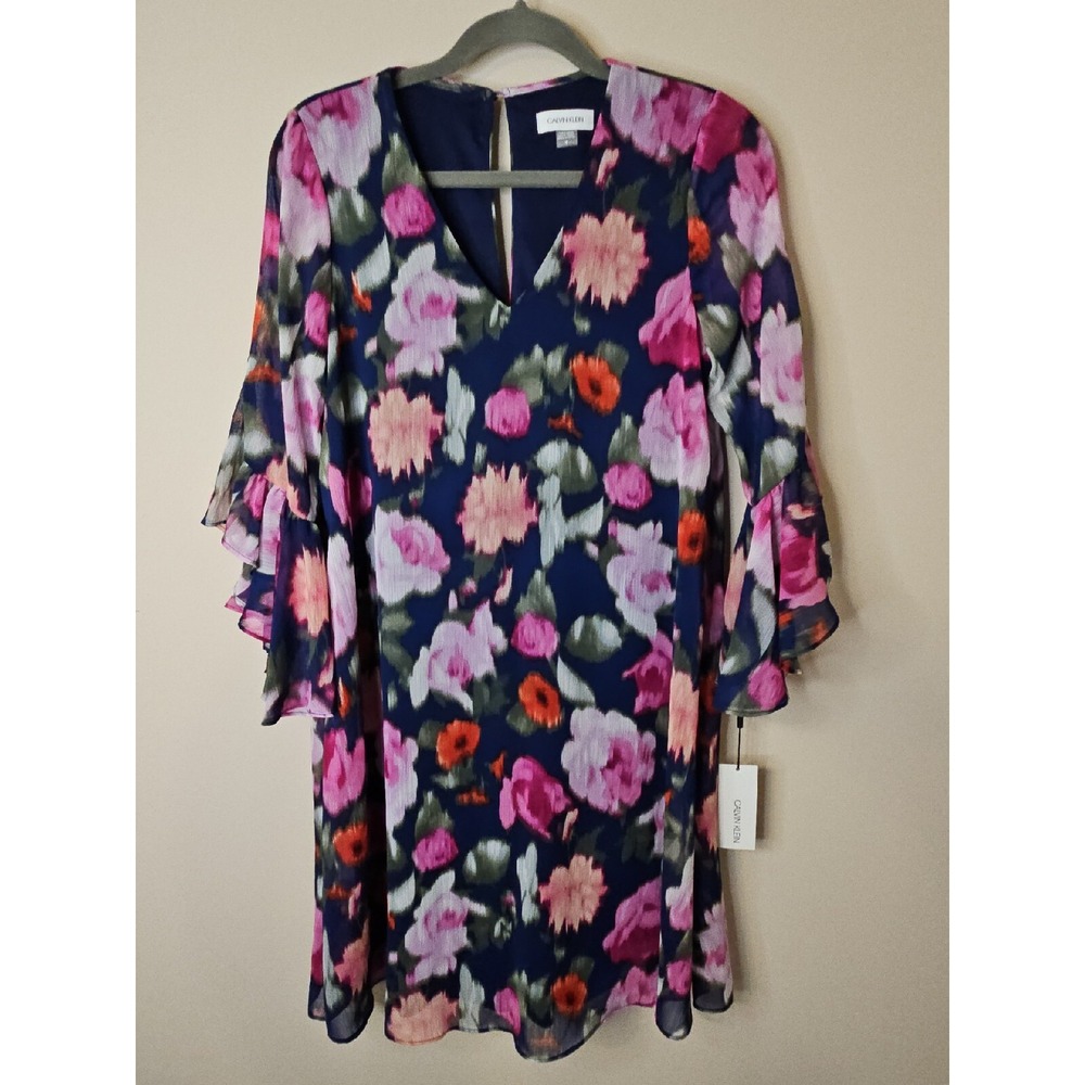 Calvin Klein Dress Women 4 Pink Blue Floral Boho Cottagecore Ruffle Dark Femme